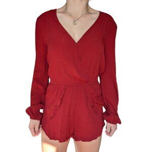 Forever 21 Red Dress/Romper with V-Neck and Long-Sleeves Women Size Medium